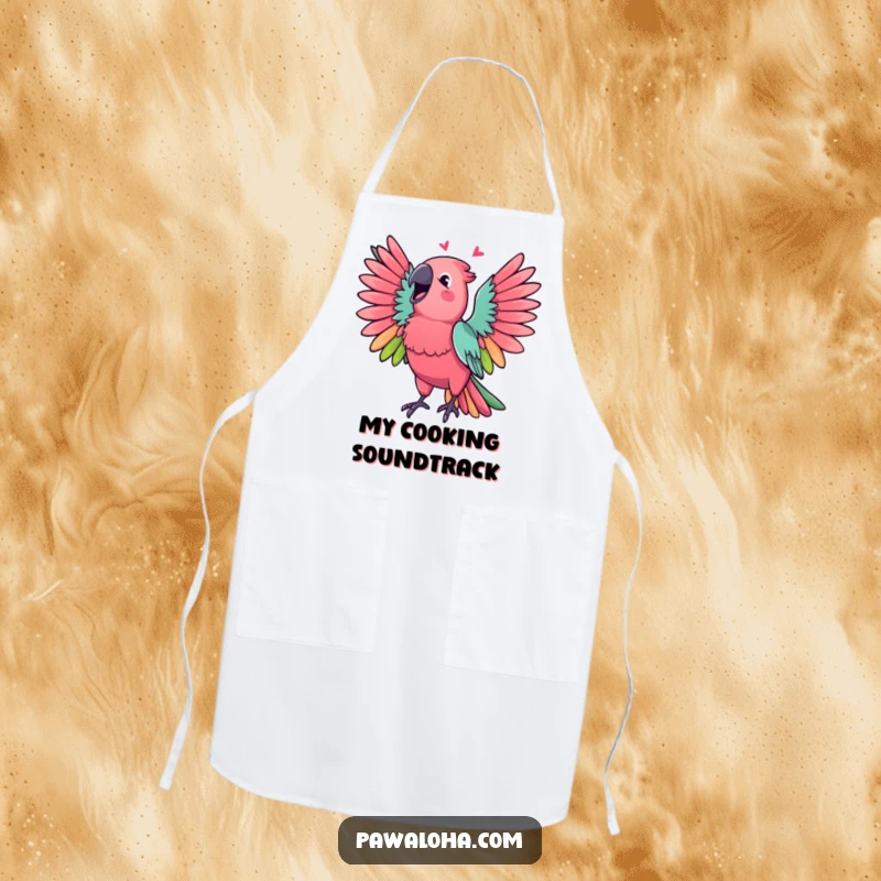 Funny Parrot Apron with a vibrant parrot with wings spread, singing a cheerful tune, ideal for kitchen fun.