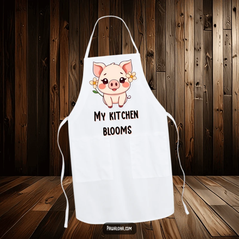 Funny Kawaii pig with a flower behind its ear, smiling adorably on a kitchen apron, great for cooking.
