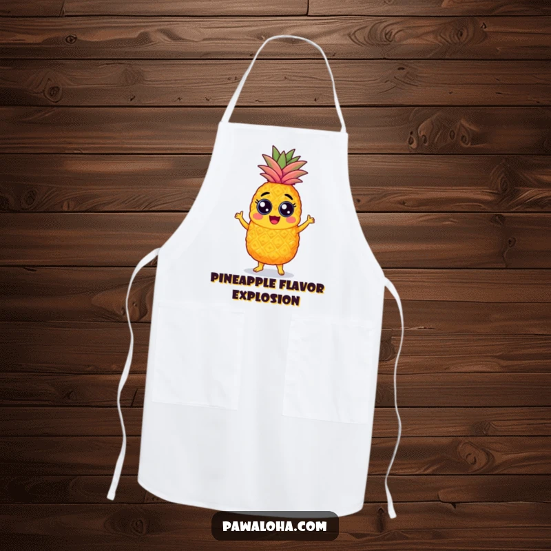 Funny pineapple apron with googly eyes, energetically performing the samba, vibrant and practical for kitchen use.