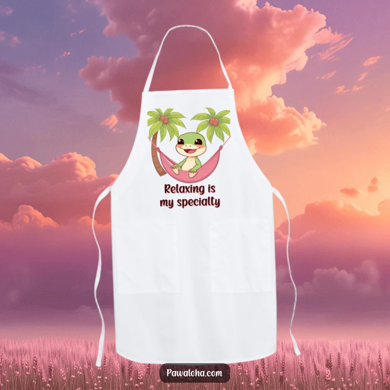 Funny gecko lounging in a hammock between palm trees, a humorous and practical apron for the kitchen.