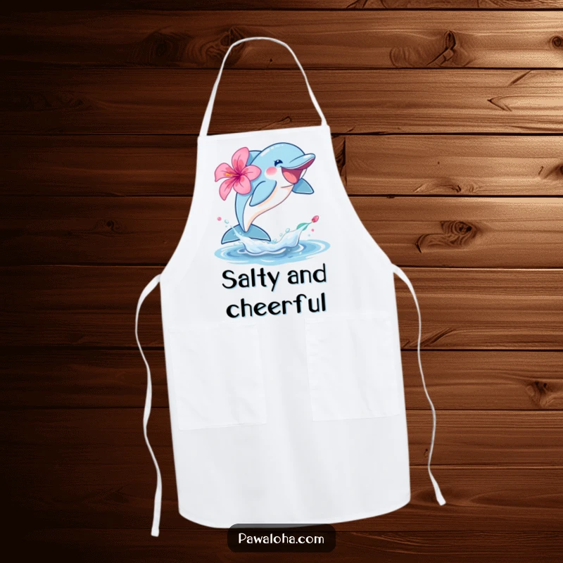 Funny dolphin character apron leaping joyfully out of the water with a hibiscus, adding tropical fun to cooking.