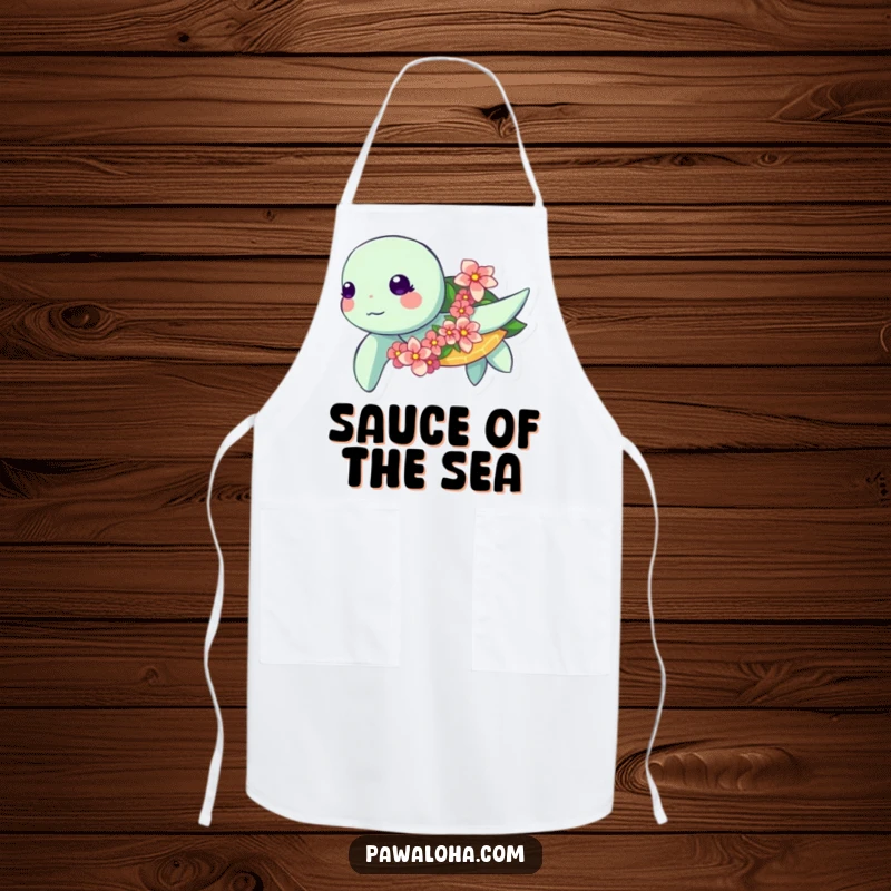 Funny Kawaii Turtle Apron: Adorable sea turtle swimming with a flower garland, a funny and practical kitchen accessory.