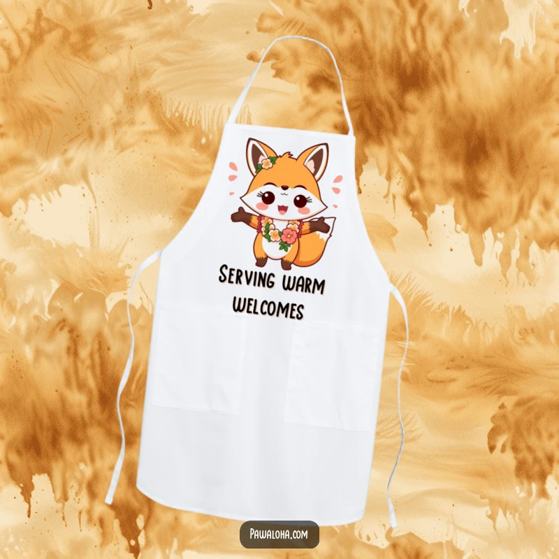 Funny fox wearing a lei, greeting cheerfully with open arms, a humorous and practical apron for the kitchen.