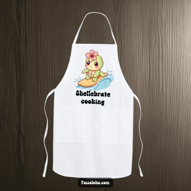 Funny Kawaii sea turtle with a flower behind its ear, ready to surf, featured on a functional and funny kitchen apron.