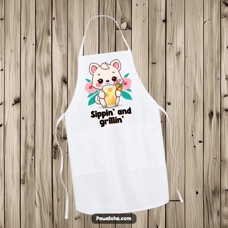 Funny Kawaii Sip Animal Apron: Cute cartoon creature holding a tropical drink with a straw, adding humor and style to the kitchen.