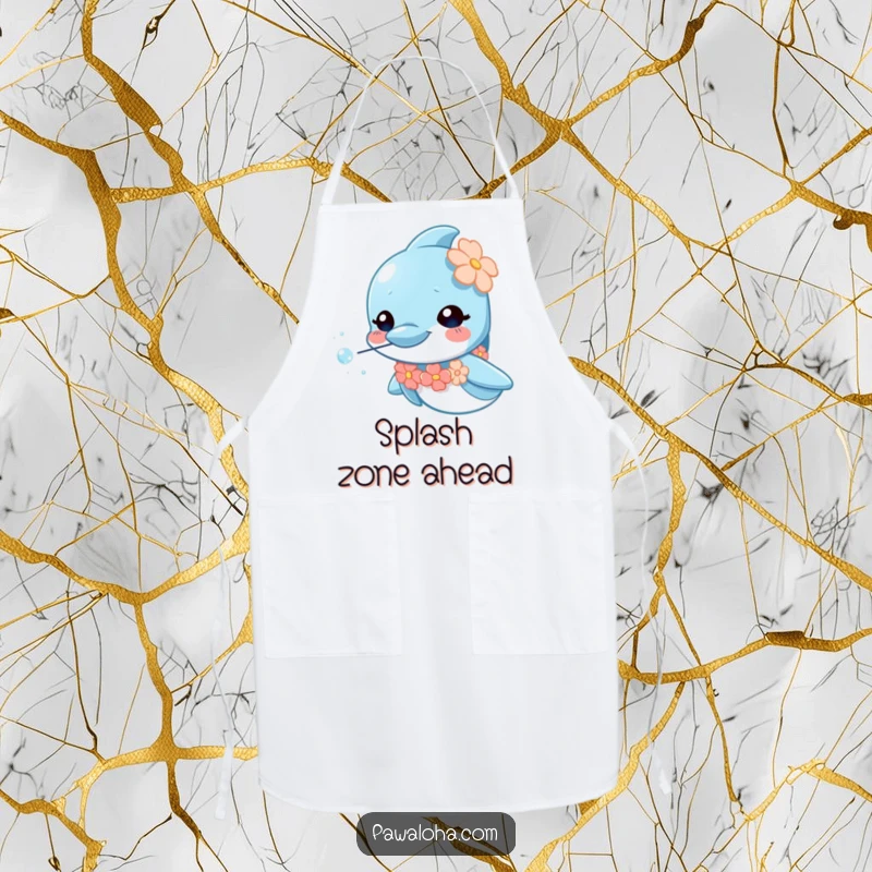 Funny dolphin apron with a miniature lei, blowing effervescent sparkly bubbles, a curious sea creature, great for cooking.