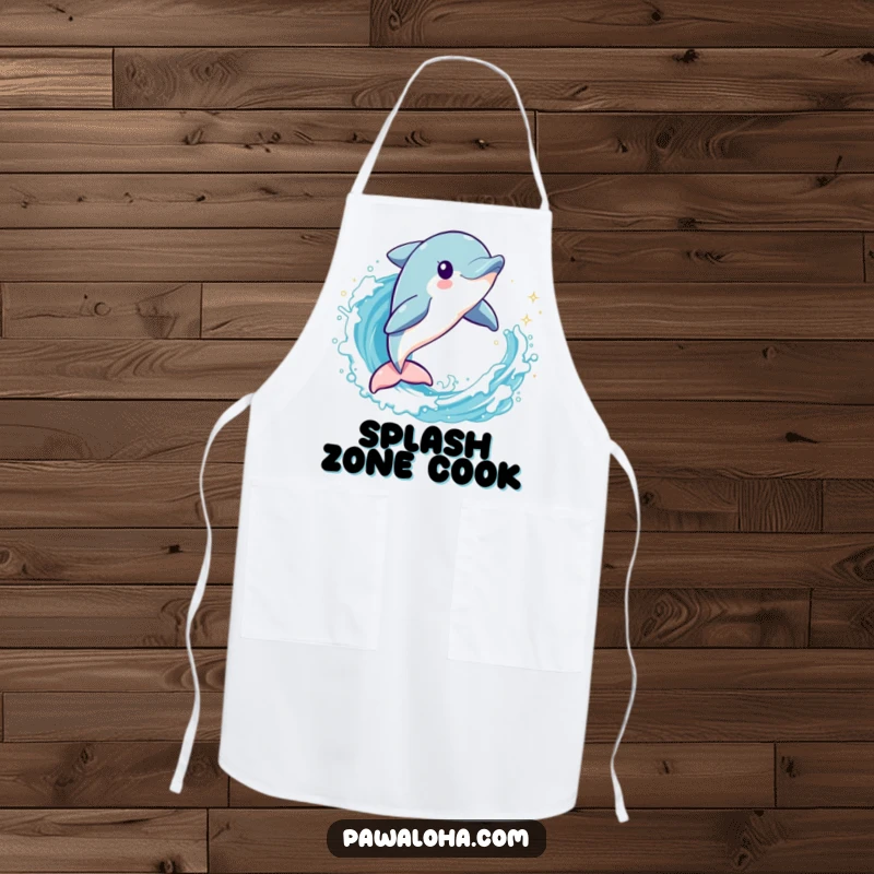 Funny dolphin character leaping through a sparkling wave while cooking on an apron, adding aquatic fun to the kitchen.