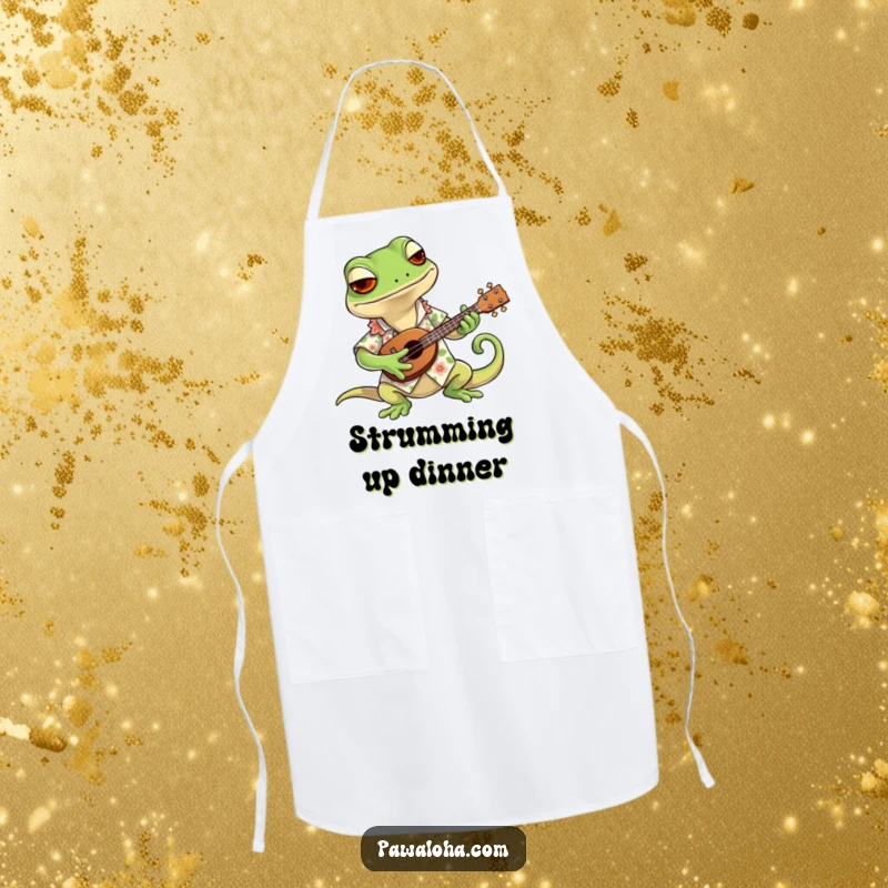 Funny apron featuring a cool gecko in a Hawaiian shirt, strumming a tiny ukulele, perfect for adding humor to kitchen adventures.