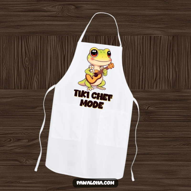 Funny Kawaii Gecko Apron: Adorable gecko with lei playing ukulele, a funny, functional kitchen accessory for music lovers.