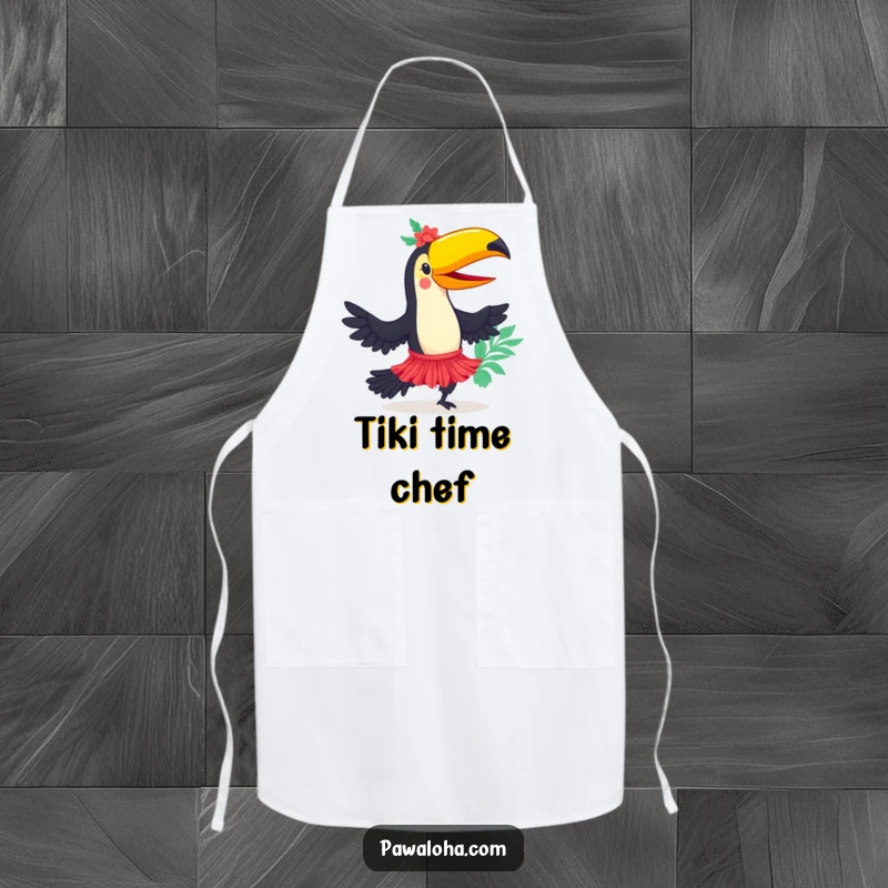 Funny toucan character in a hula skirt dancing while cooking on an apron, bringing tropical fun to the kitchen.