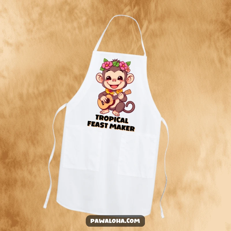 Funny kitchen apron featuring a happy monkey wearing a lei and playing a ukulele.