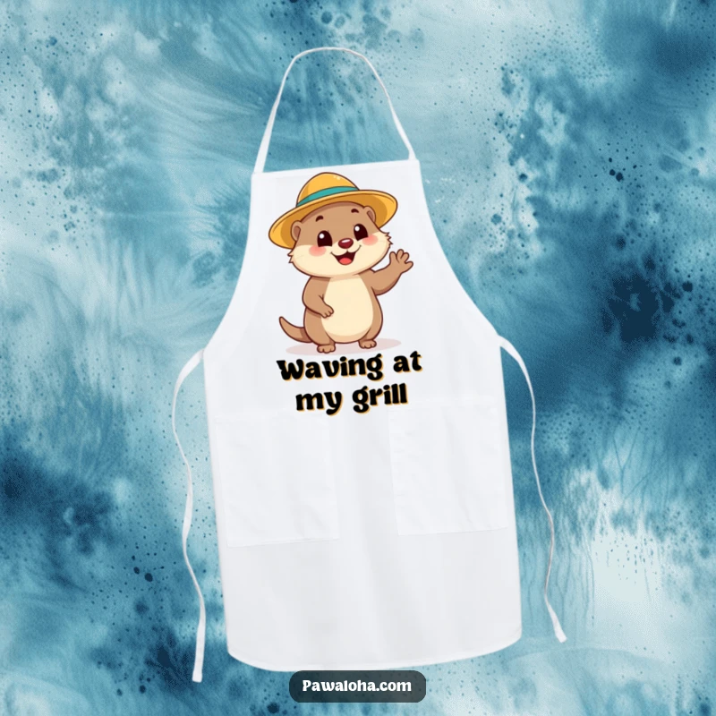 Funny Mongoose Wave Apron: A mongoose in a sun hat waves hello, adding funny, sunny charm to this practical kitchen essential.
