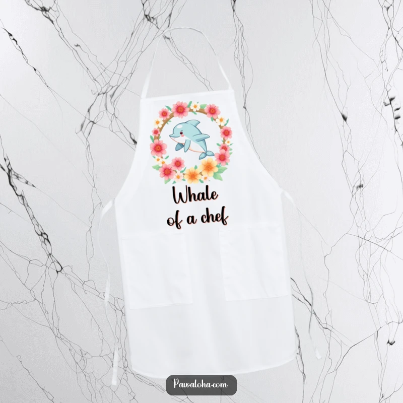 Funny Kawaii dolphin leaping through a flower hoop, featured on a functional and funny kitchen apron.