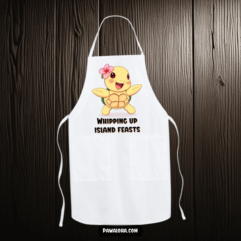 Funny apron depicting a happy sea turtle with a flower behind its ear, doing a hula dance while preparing food.