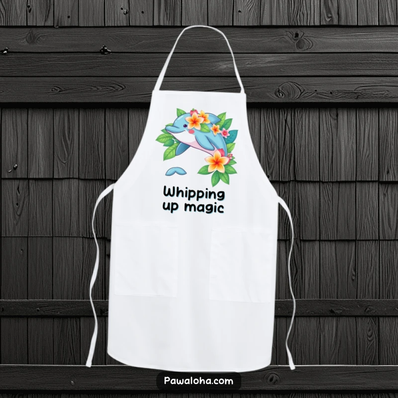 Playful dolphin adorned with tropical flowers, performing a cheerful splash on a funny kitchen apron.