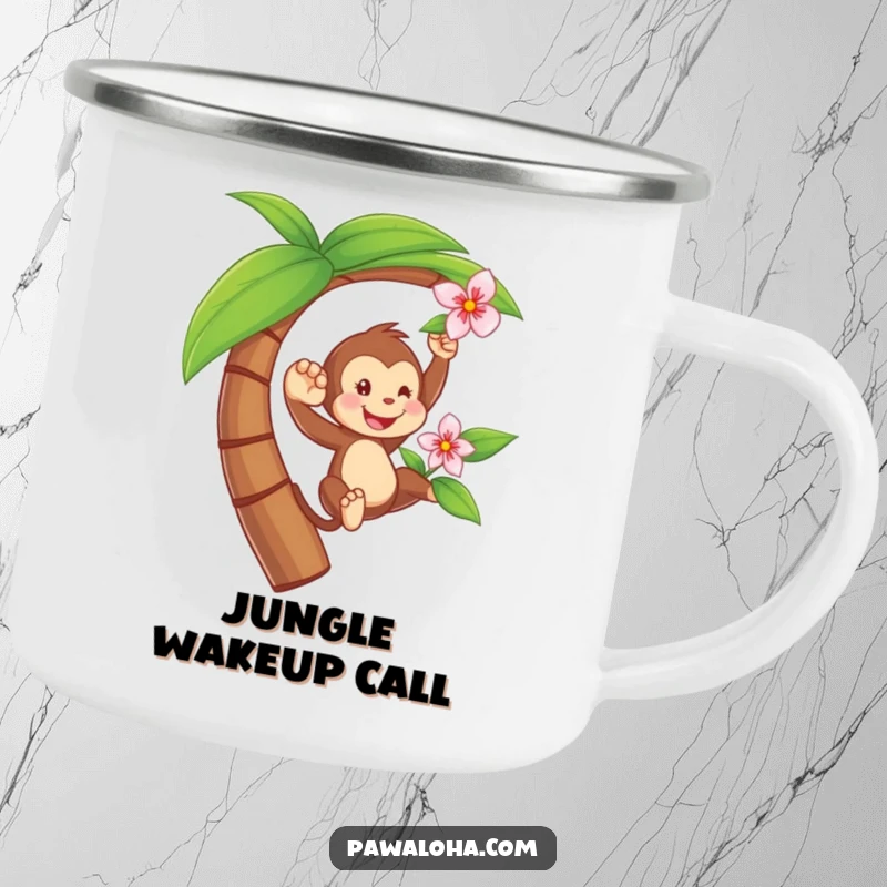 Funny camping mug featuring a playful monkey swinging from a palm tree with a flower, perfect for outdoor enthusiasts loving jungle themes.