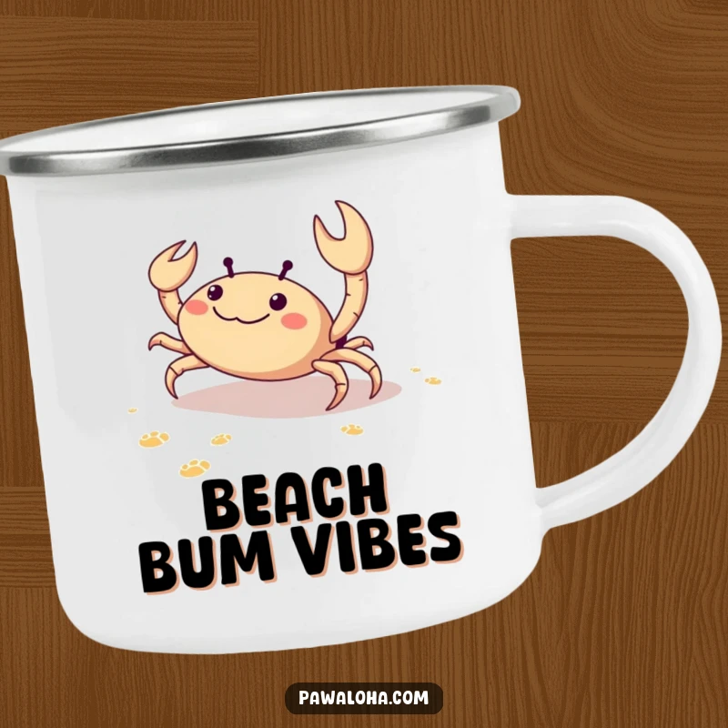 Funny camping mug with a delighted crab scuttling sideways on sand, leaving tiny footprints, embodying beachside bliss.
