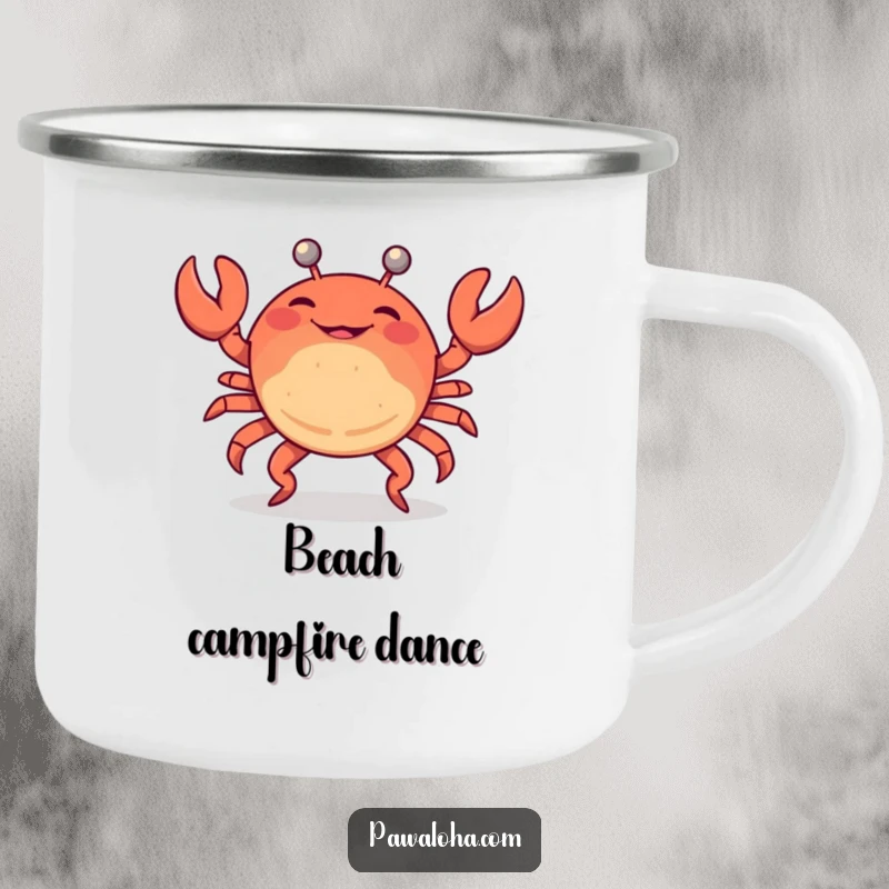 Funny camping mug with a crab doing a limbo dance, bringing humor and a party vibe to outdoor adventures.