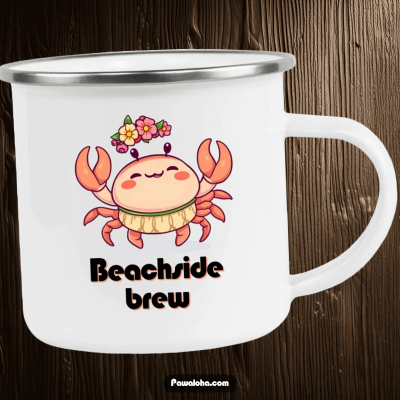 Funny Kawaii Crab Camping Mug: Enamel mug with a crab doing a joyful hula dance with its claws, funny outdoor gear.