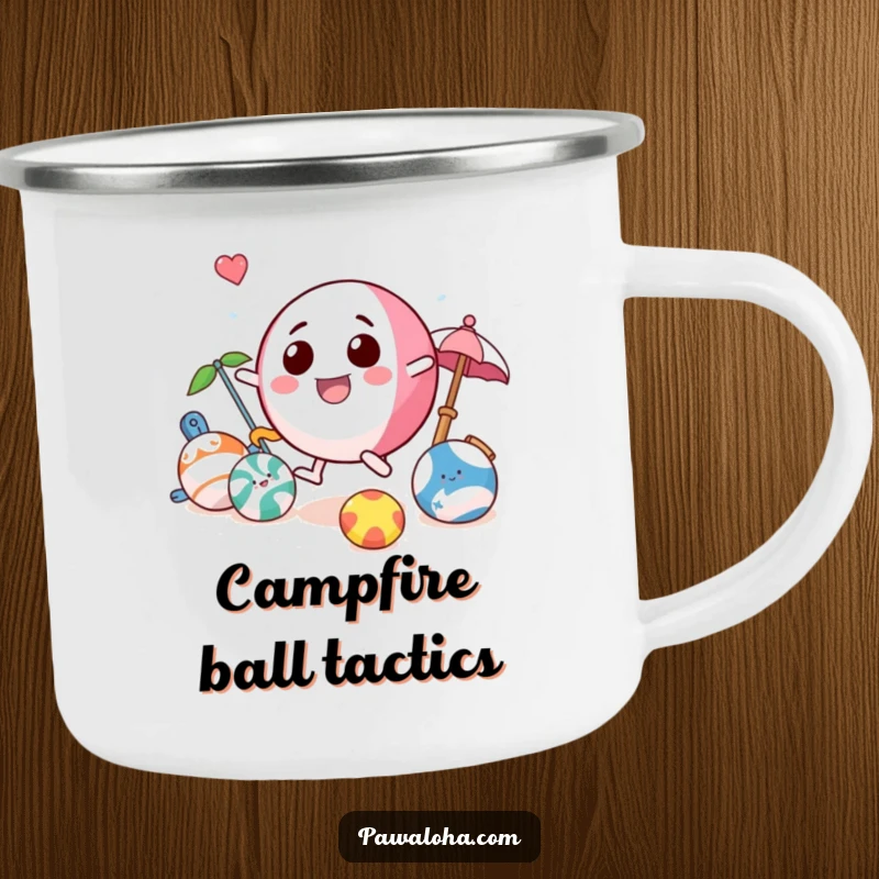 Funny beach ball camping mug with a playful character bouncing among beach toys, perfect for enjoying drinks outdoors.