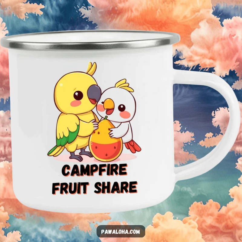Funny Kawaii Parrot Camping Mug: Enamel mug with a colorful parrot sharing fruit, funny outdoor gear for bird lovers.