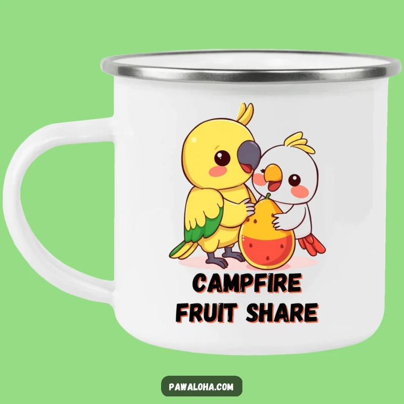 Funny Kawaii Parrot Camping Mug: Fruit Sharing Enamel Cup - Outdoor Gift