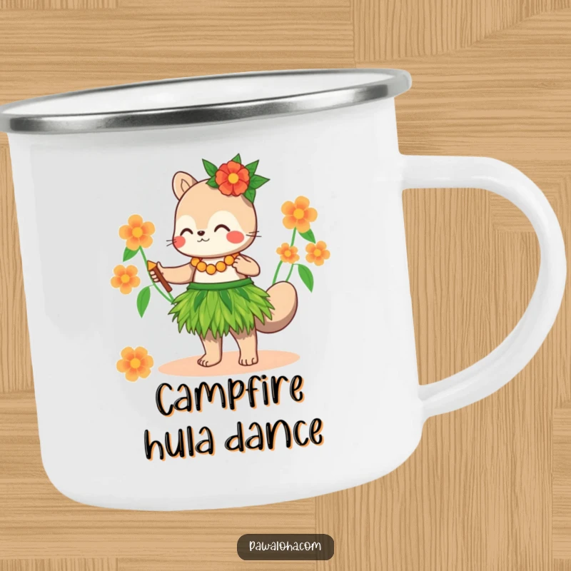 Funny Camping Mug: A cute animal in a grass skirt dances the hula, perfect for outdoor tropical fun.