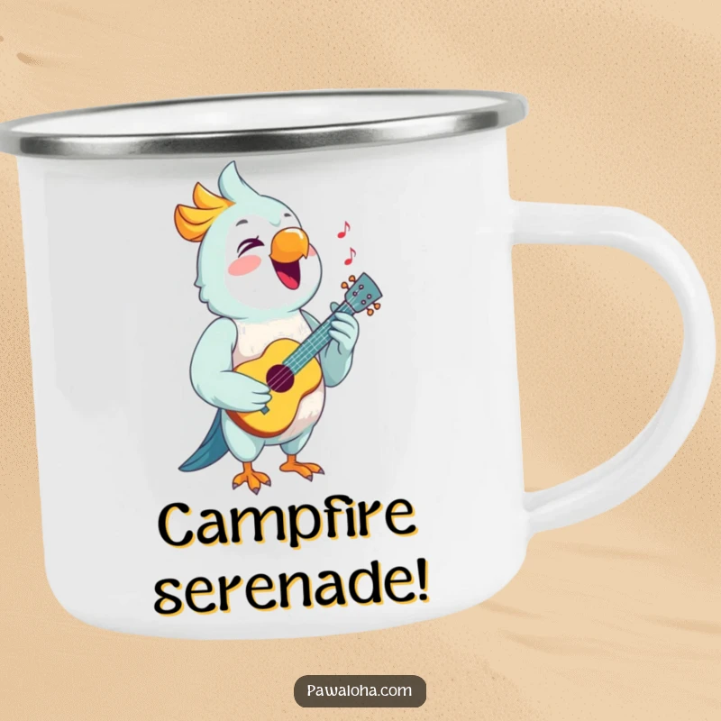 Funny Parrot Camping Mug featuring a singing parrot with a ukulele, bringing musical joy to the campsite.