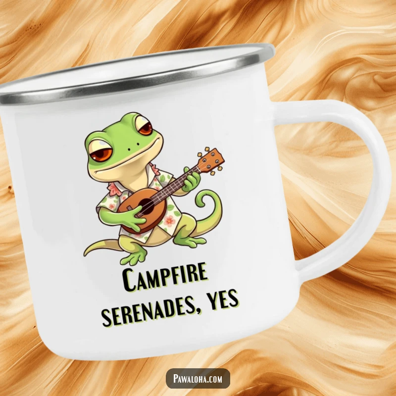 Funny camping mug featuring a cool gecko in a Hawaiian shirt, strumming a tiny ukulele, designed for ruggedness and humorous outdoor enjoyment.