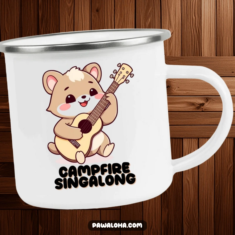 Funny happy animal playing a ukulele on a camping mug. Perfect for outdoor music sessions.