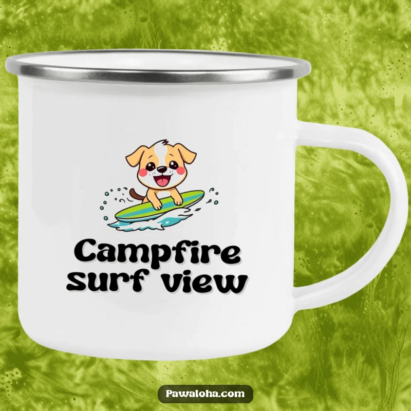 Funny camping mug featuring a grinning dog character riding a wave, perfect for outdoor enthusiasts with a love for surfing and dogs.
