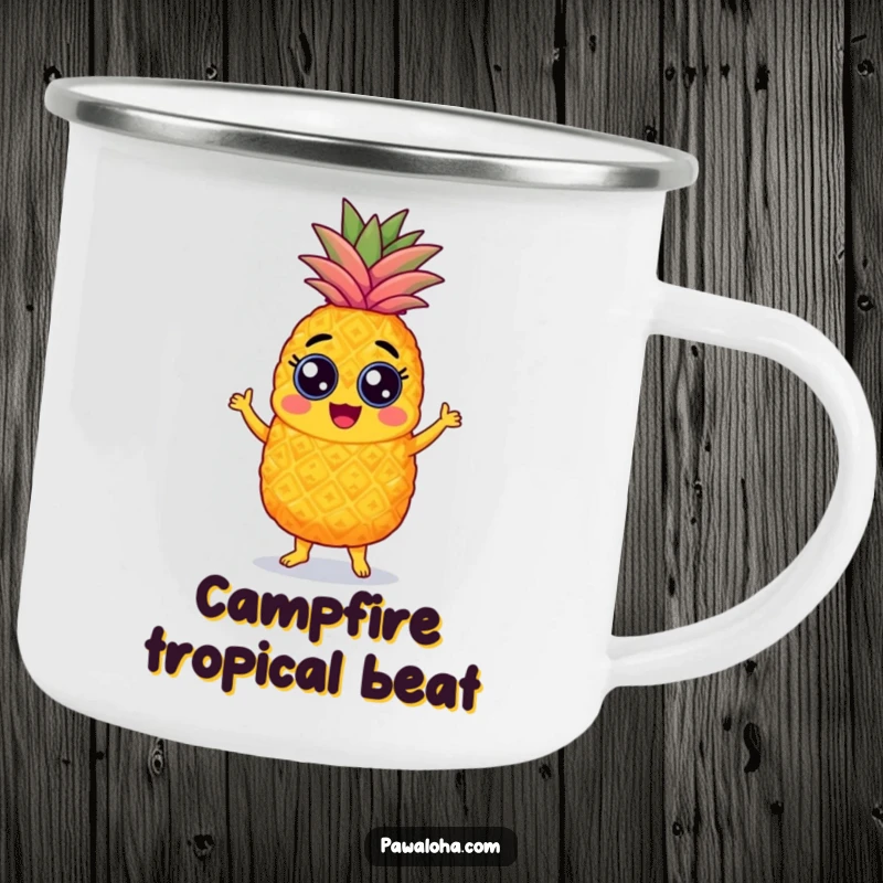 Funny pineapple camping mug with googly eyes, performing the samba, durable design for outdoor fun and enjoyment.