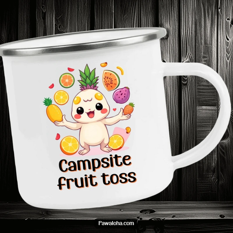 Funny creature juggling tropical fruits on a camping mug. Perfect for outdoor fun and vibrant energy.