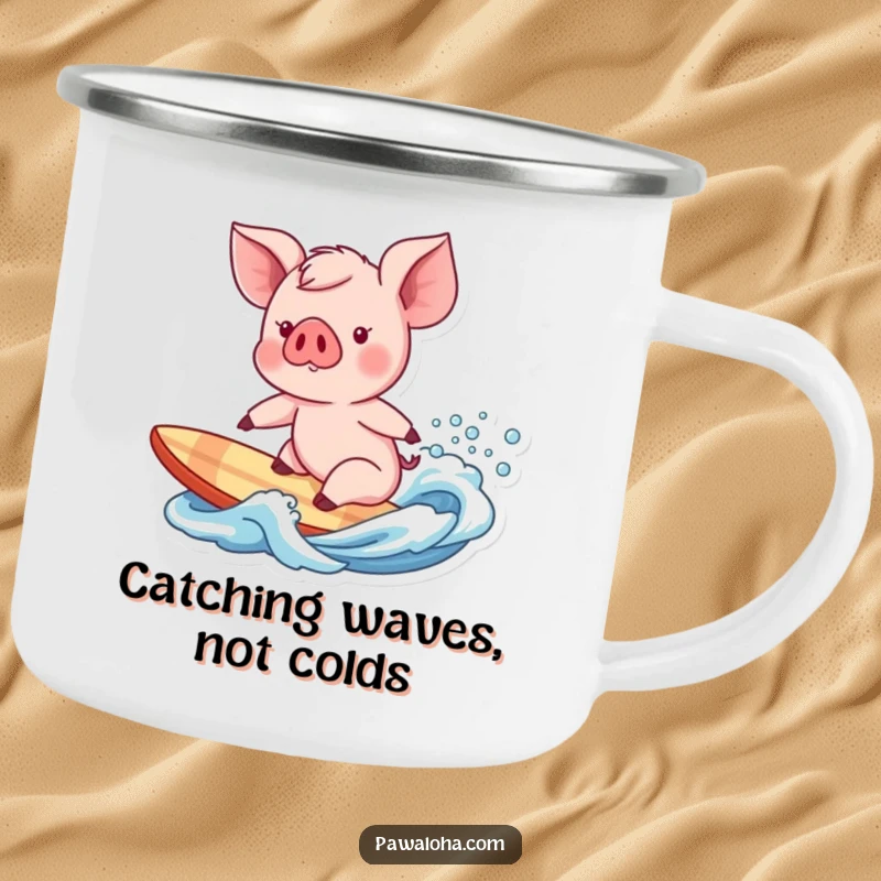 Funny piglet character about to surf a gentle wave, a humorous and rugged camping mug design.