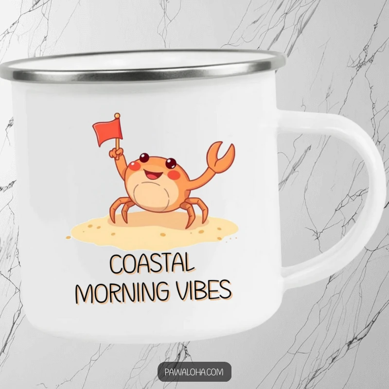 Funny crab camping mug showing a cheerful crab waving a small flag on a sandy beach, perfect for beach lovers who camp.