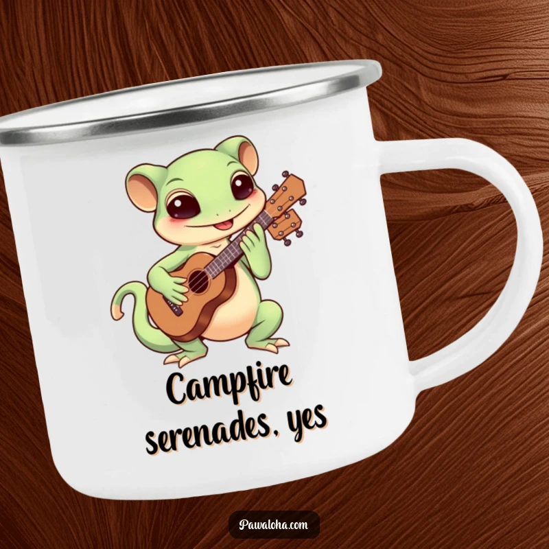 Funny Kawaii gecko playing a ukulele with enthusiasm on a tough camping mug, ideal for outdoor music.