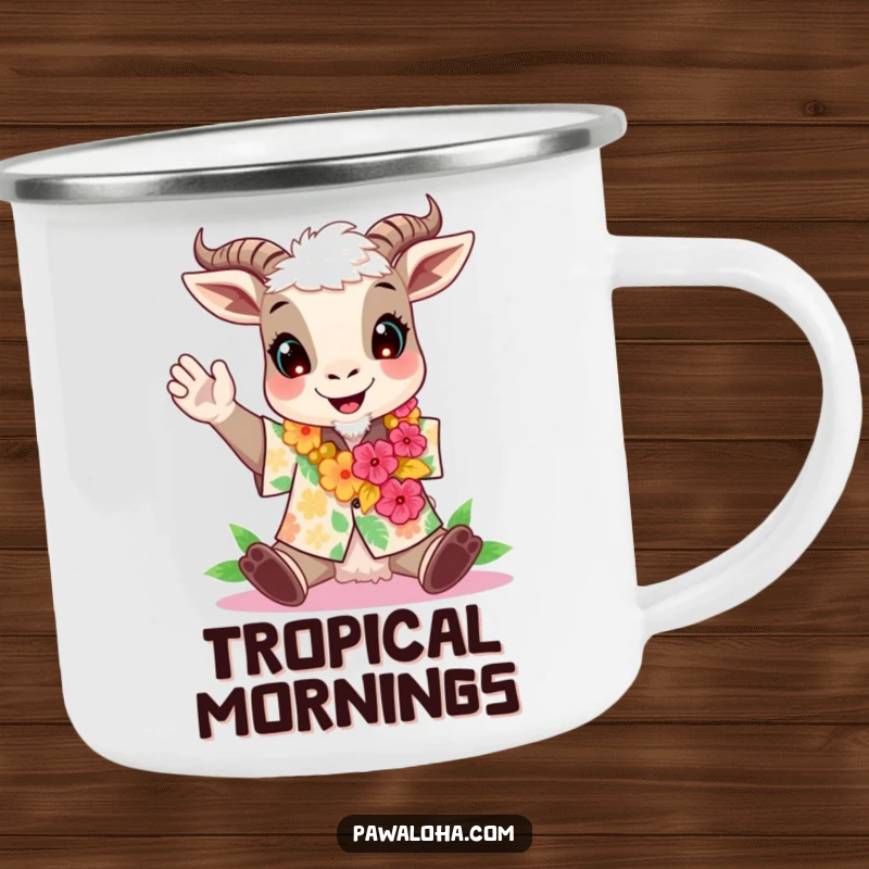 Funny camping mug with a cheering goat in an Aloha shirt and lei, ideal for tropical trips.