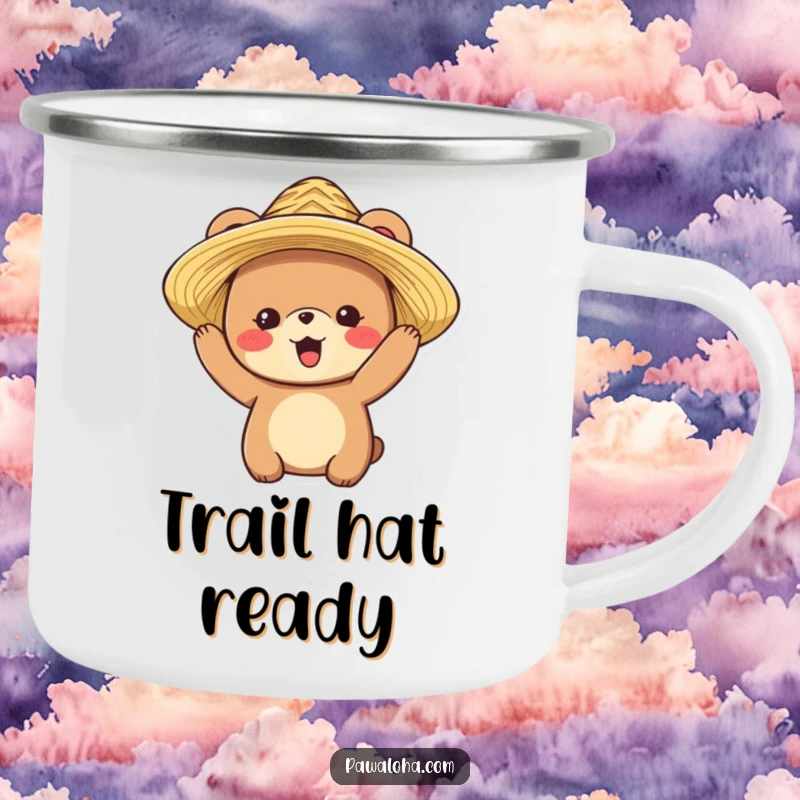 Funny camping mug featuring a delighted bear character wearing a straw hat, designed for outdoor enthusiasts.