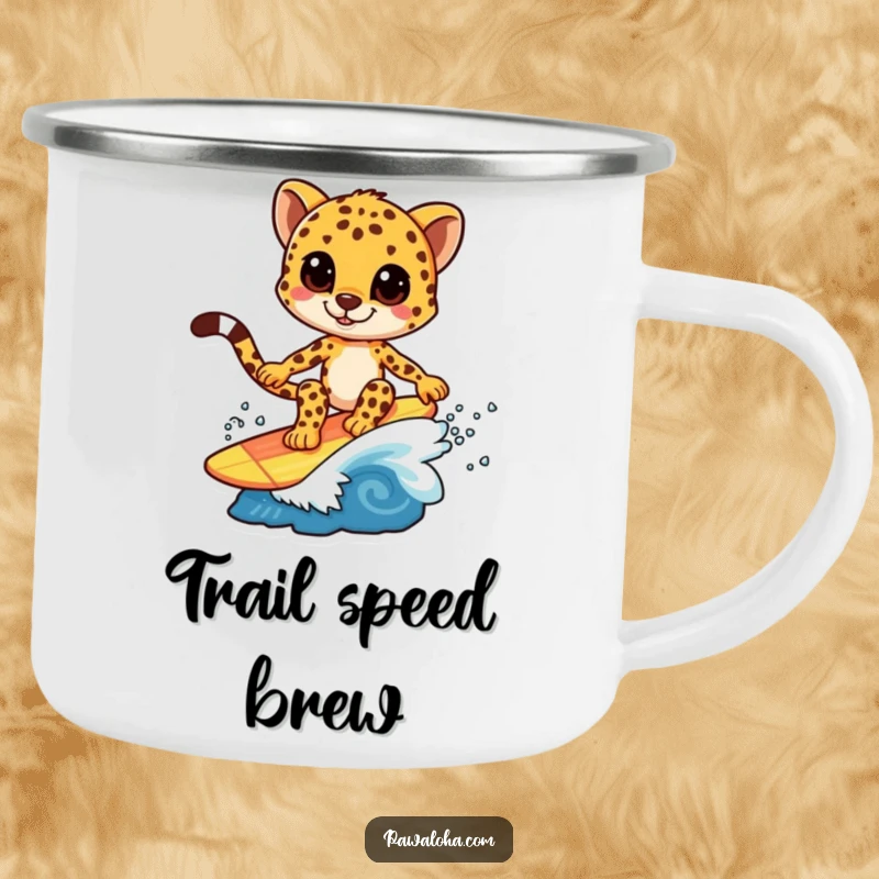 Funny camping mug featuring a cheetah character surfing gracefully on a wave, designed for rugged outdoor use.