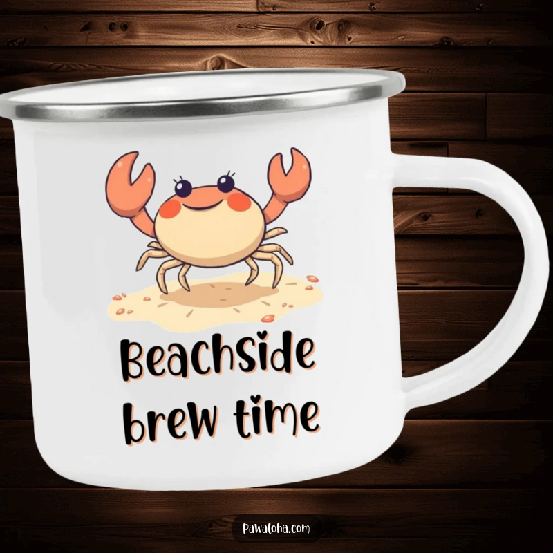 Funny crab camping mug with a cute character joyfully doing a sideways shuffle on the sand, perfect for outdoor trips.