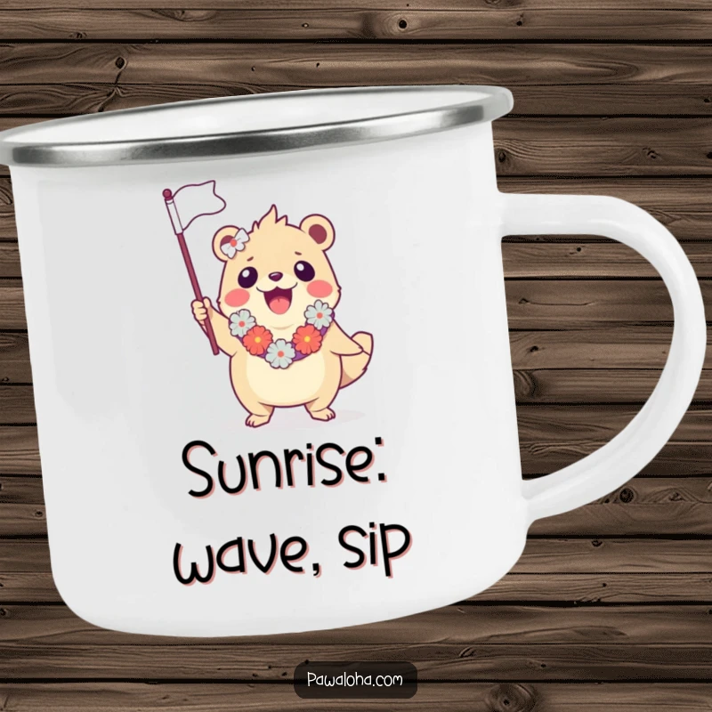 Funny camping mug featuring a creature in a lei, enthusiastically waving a miniature flag, ideal for outdoor enthusiasts.