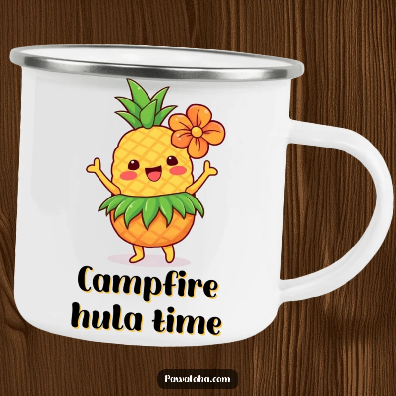 Funny Hawaiian pineapple with grass skirt and flower, dancing on a rugged camping mug for outdoor fun.