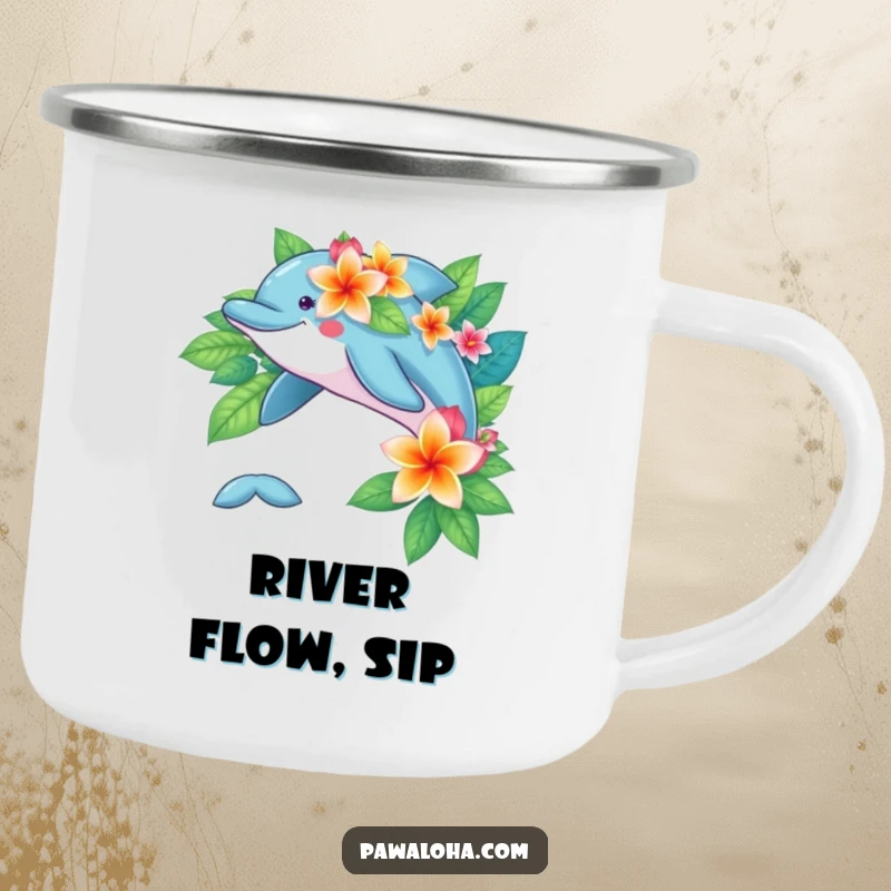 Playful dolphin with tropical flowers, leaping on a strong camping mug for outdoor enjoyment.