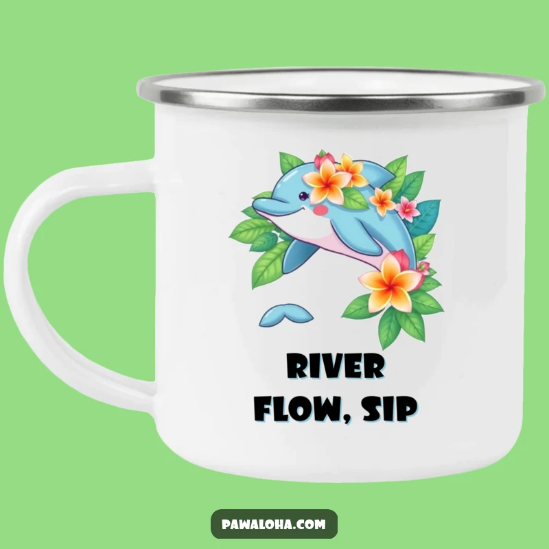 Funny Dolphin Flower Camping Mug: Playful Tropical Ocean Adventure Gift