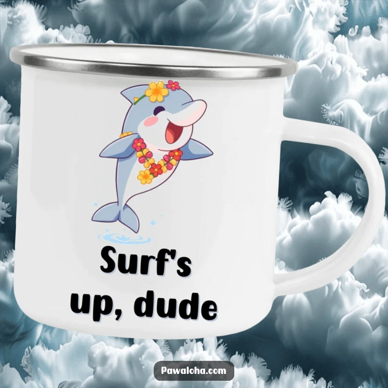 Funny Dolphin Camping Mug: A leaping dolphin with a lei on this durable mug is ready for outdoor fun, bringing a funny, tropical vibe.
