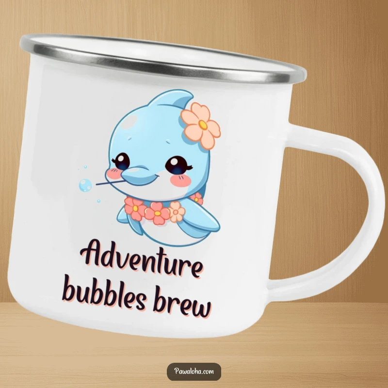 Funny dolphin camping mug with a small lei, blowing sparkly bubbles, curious sea creature design for outdoor use.