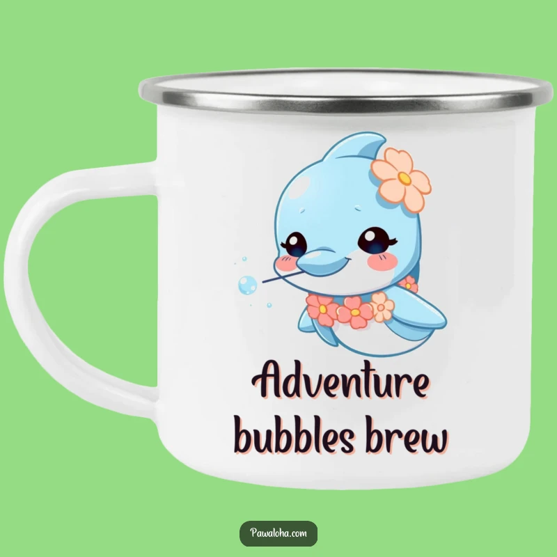 Funny Dolphin Lei Camping Mug: Durable and portable, ideal for outdoor adventures with a curious dolphin, a funny gift.