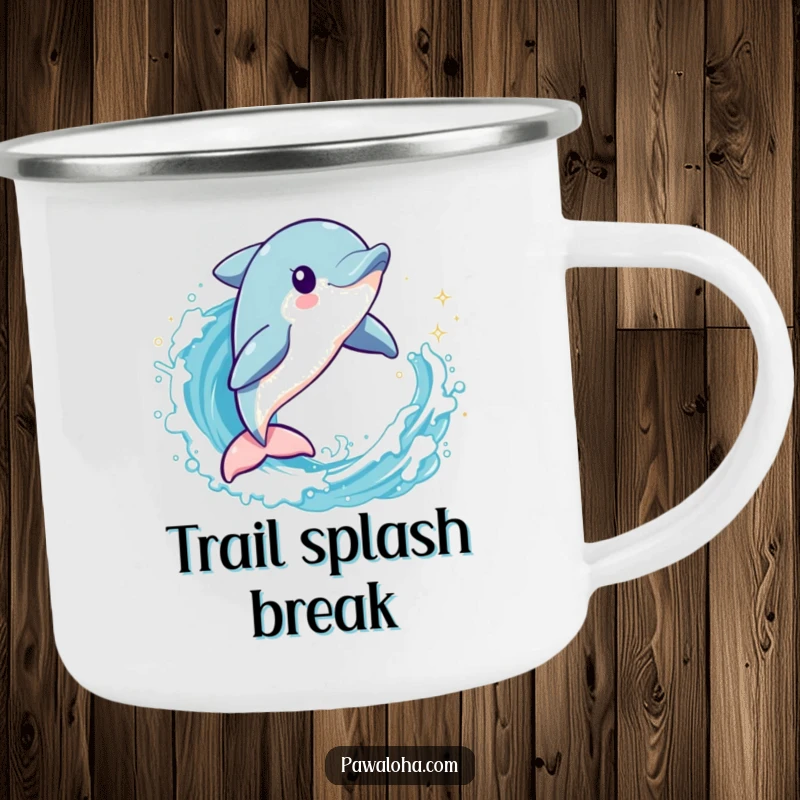 Funny dolphin character leaping through a sparkling wave on a camping mug, ready for outdoor aquatic fun.