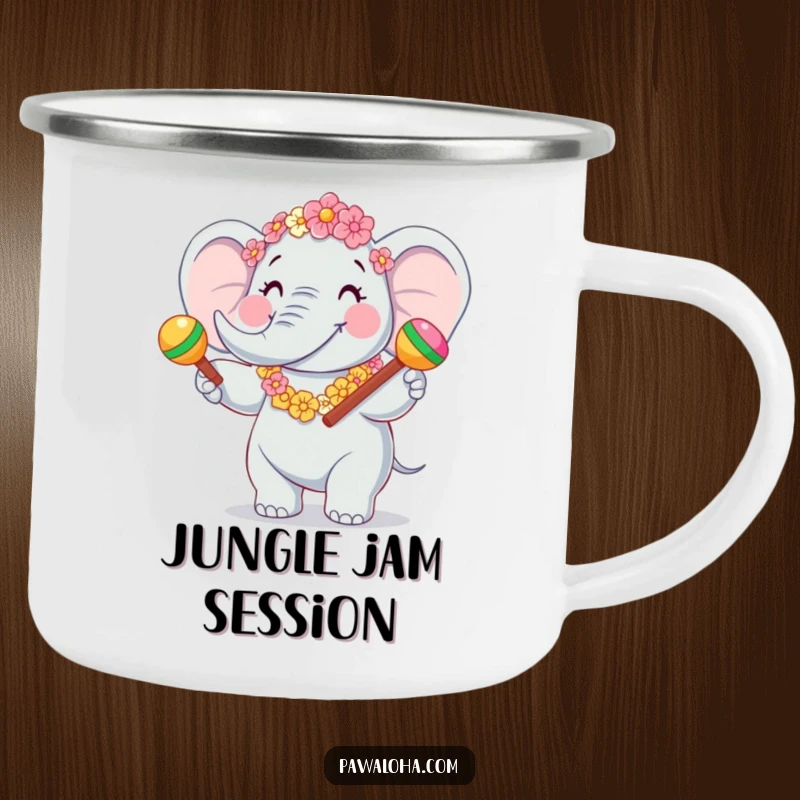 Funny Elephant Fiesta Camping Mug with a joyful elephant character in a flower garland, shaking maracas. Humorous and durable.