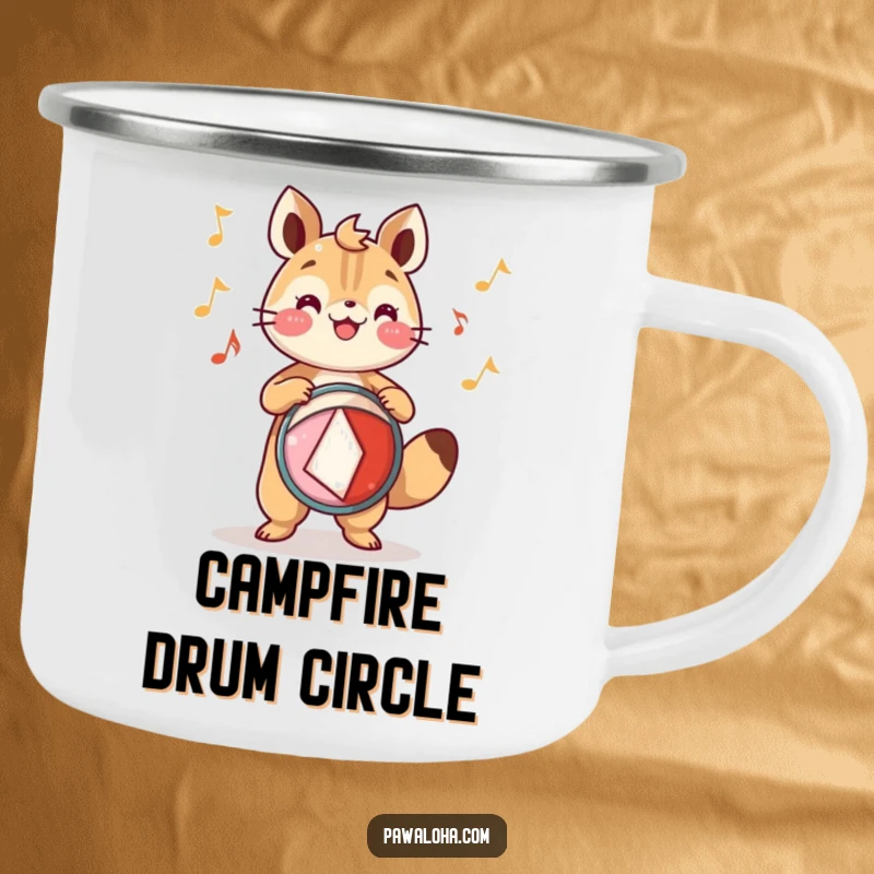 Funny Camping Mug: An animal character plays a festive drum with joyful rhythm, perfect for outdoor musical fun.